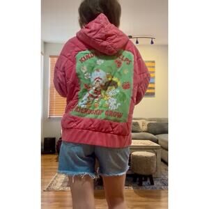 STRAWBERRY SHORTCAKE 80s Quilted Jacket Upcycled Rhinestone Vintage Retro Sz XL